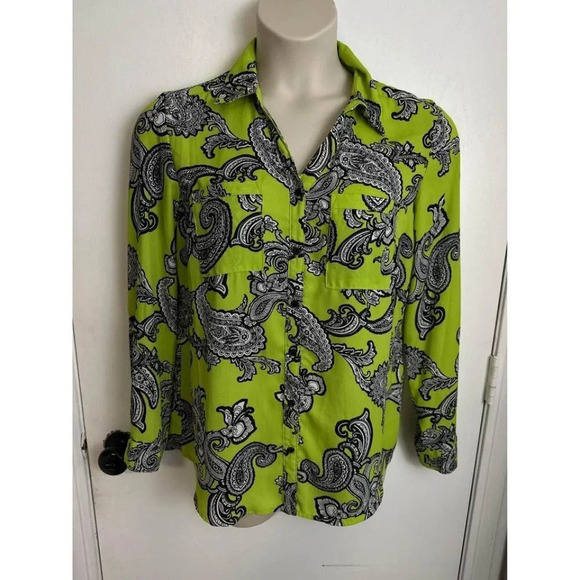 NY Collection neonGreen Black Womens Paisley Print Button Front Top Size M #0600 - Picture 1 of 5